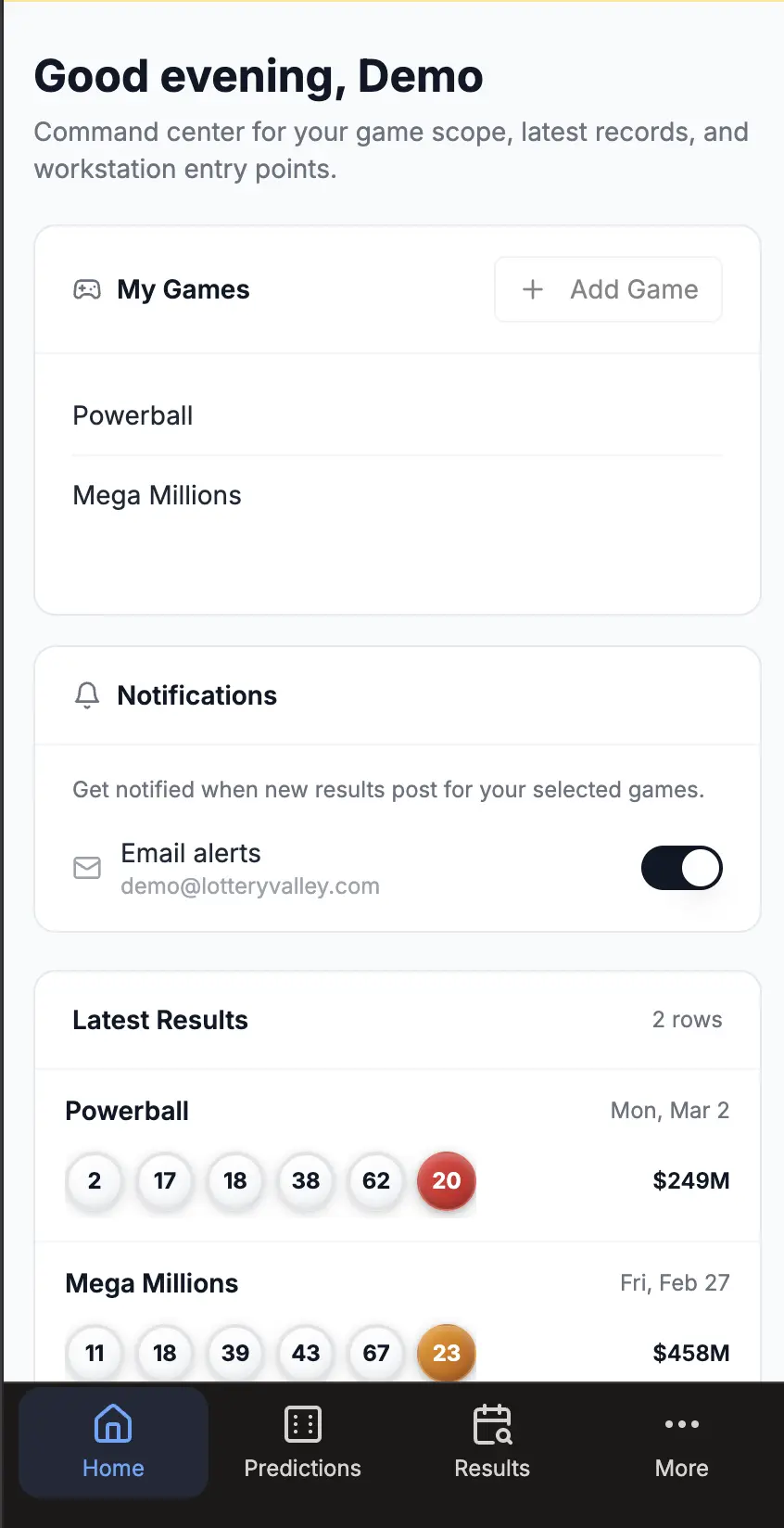 Lottery Valley Dashboard Demo
