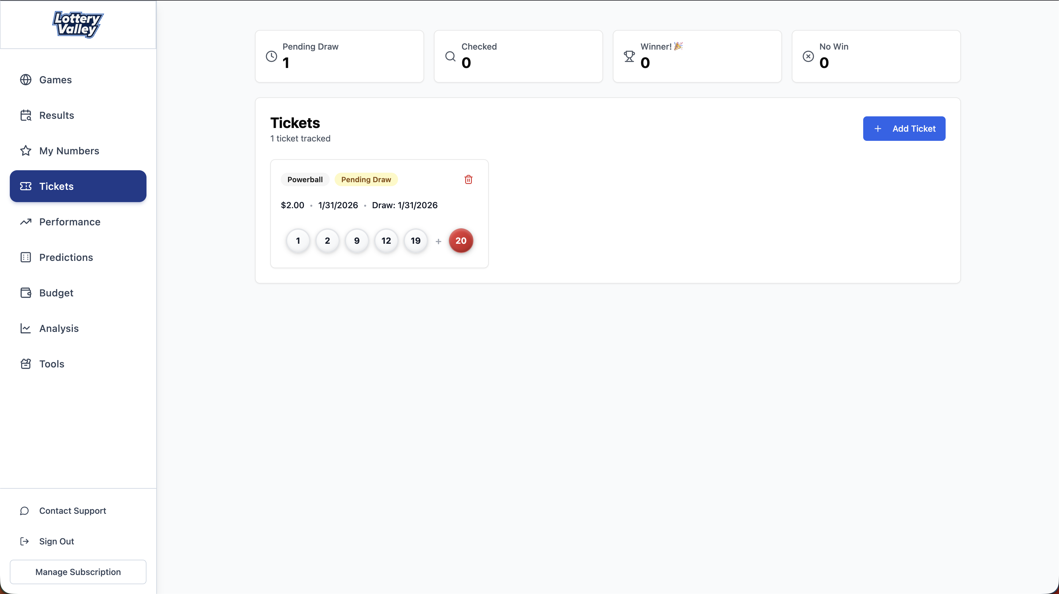 Ticket tracking dashboard showing recent results and tracked tickets