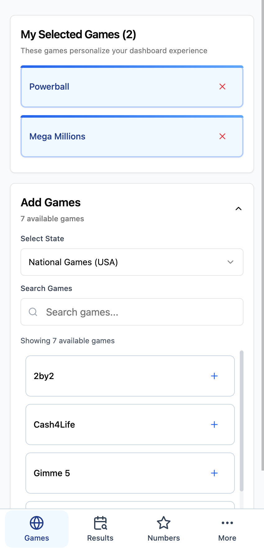 Game selection interface showing state and lottery game picker
